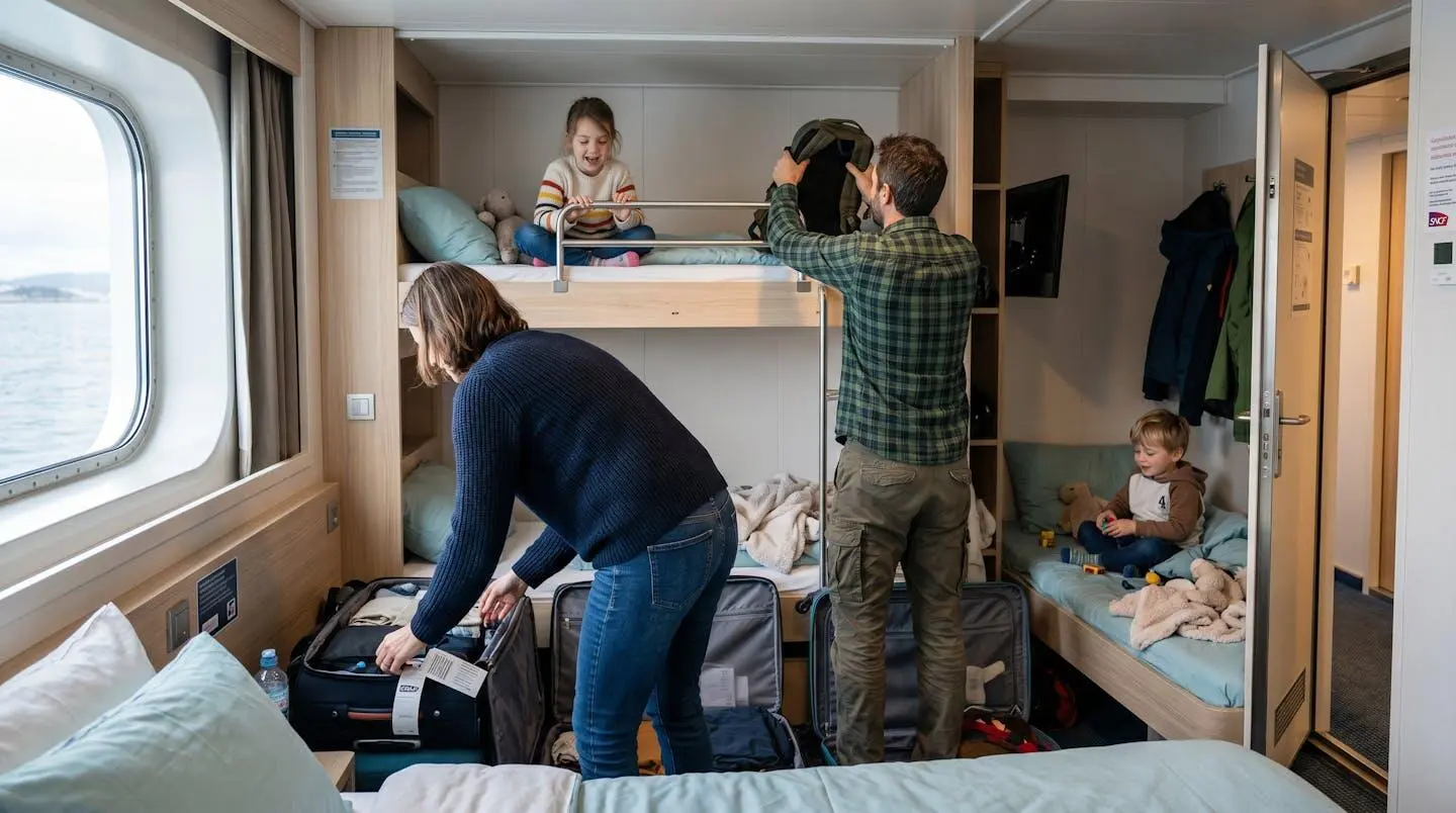 Une famille vue de dos installant des bagages dans une cabine de ferry moderne avec des enfants assis sur les couchettes