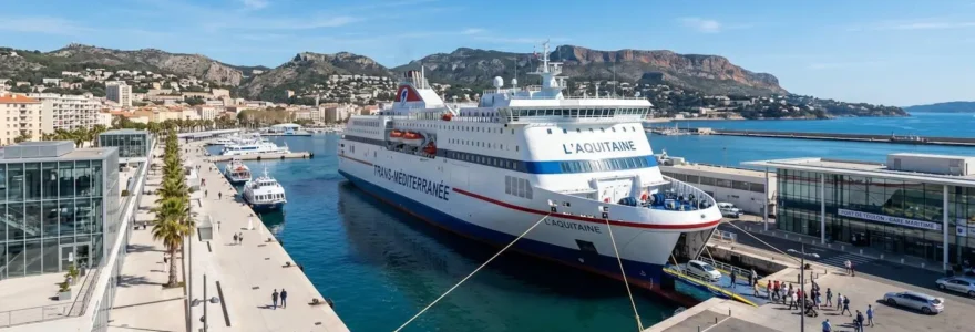 Un grand ferry moderne amarré à quai dans un port méditerranéen sous un ciel clair et ensoleillé
