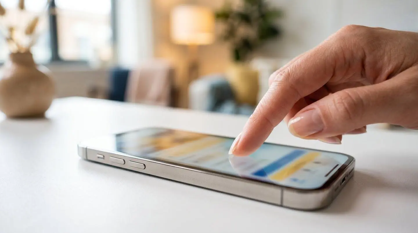 Une main tenant un smartphone sur une surface propre et moderne avec l'écran complètement flouté