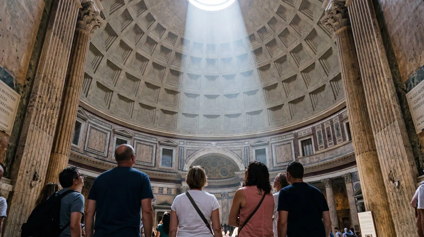 Vue intérieure du Panthéon de Rome montrant l'oculus central de la coupole laissant passer un rayon de lumière naturelle avec des visiteurs admirant l'architecture