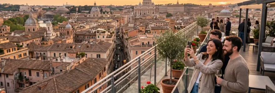 Vue panoramique sur les toits ocre de Rome avec le dôme de la Basilique Saint-Pierre en arrière-plan sous une lumière dorée de fin d'après-midi