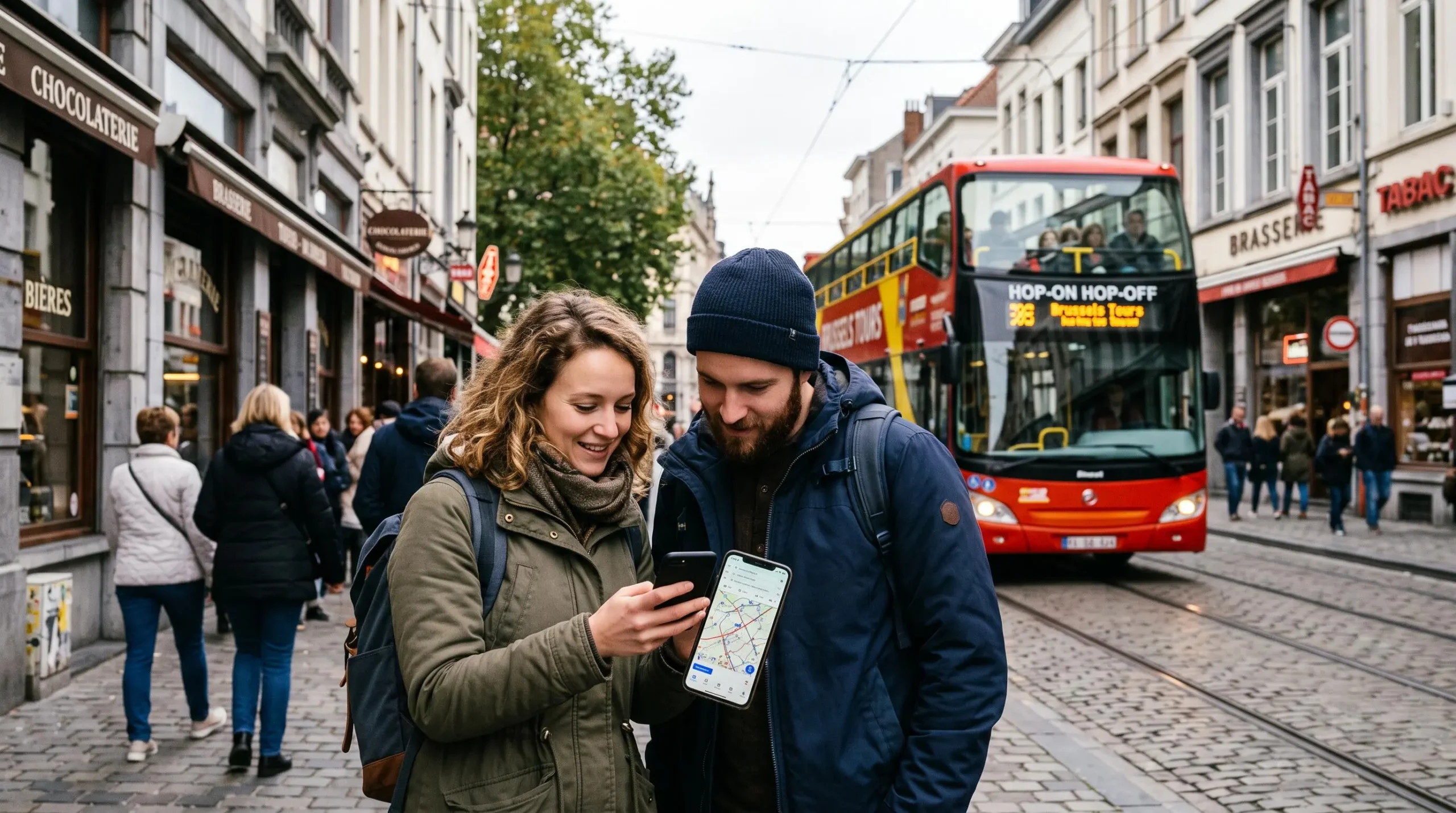 Couple consultant une application de bus touristique pendant une visite de Bruxelles