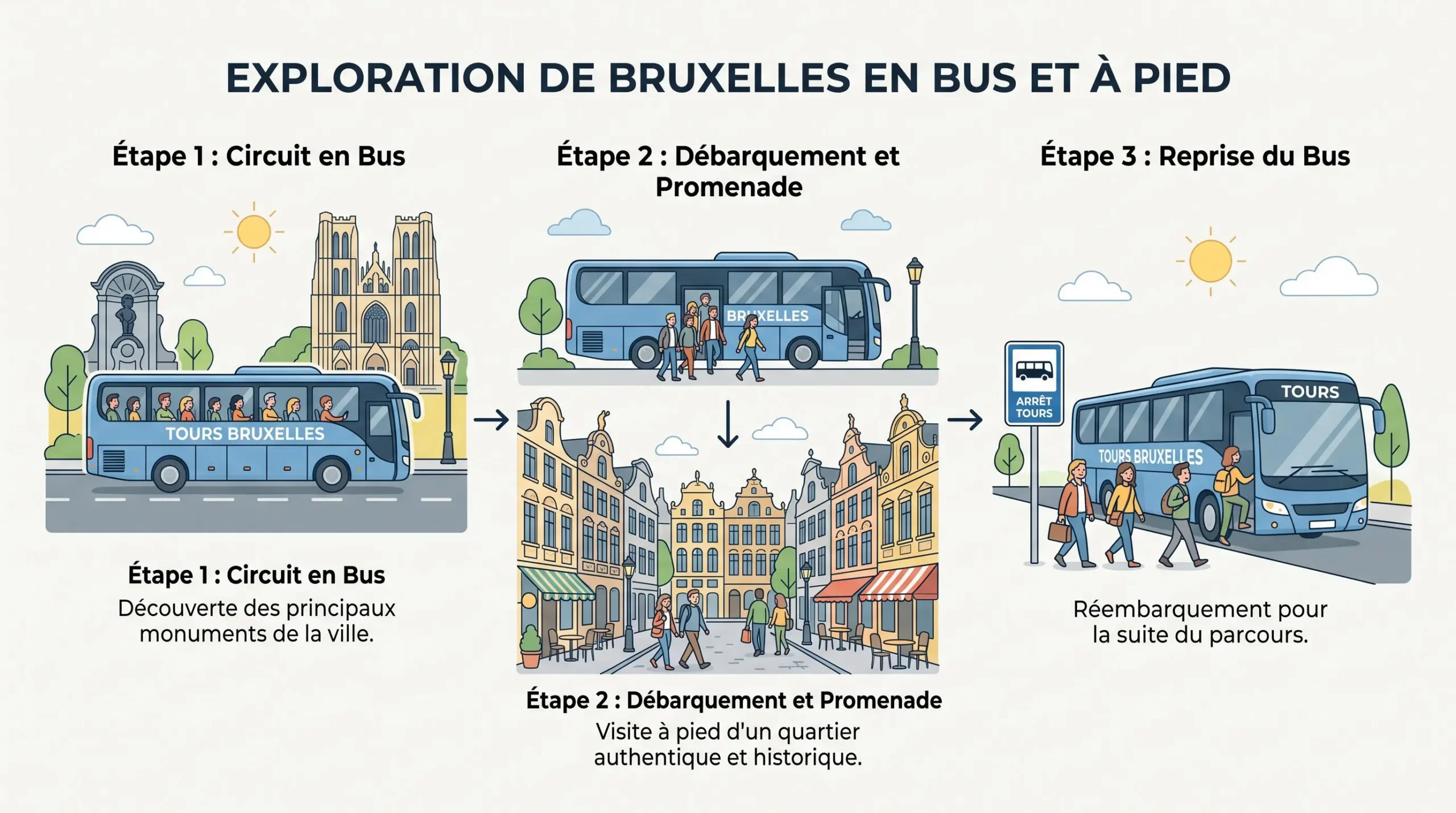 Schéma du principe hop-on hop-off pour visiter Bruxelles
